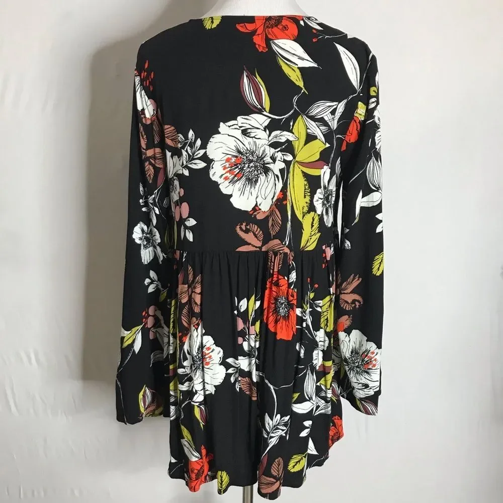 Free People Bella Black Red Green Floral Tunic Long Bell Sleeves Small